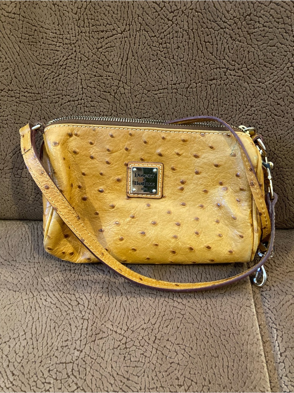 Dooney & Bourke Yellow Tan Ostrich- Embossed Leather Hobo mini bag.